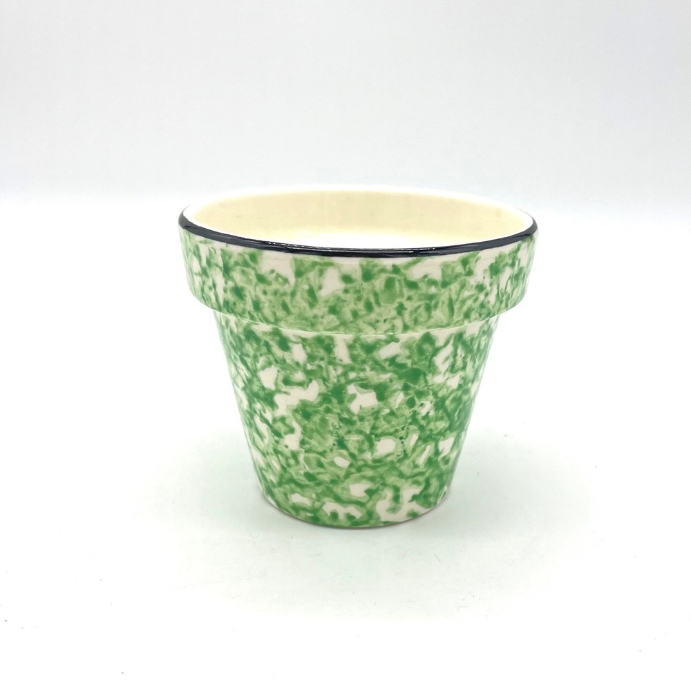 Stangl Pottery Green White Spongeware Flower‎ Pot Planter Black Rim 3 inch